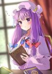  1girl blue_bow blue_ribbon blurry blurry_background blush book bow bowtie capelet chair crescent crescent_hat_ornament curtains hair_bow hat hat_ornament hat_ribbon highres holding holding_book long_hair mob_cap mukyuu one-hour_drawing_challenge open_book parted_lips patchouli_knowledge purple_eyes purple_hair reading red_bow red_ribbon ribbon shironeko_yuuki sitting sketch solo table touhou translation_request wide_sleeves window 