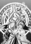  1boy aleister_the_invoker_of_madness alpha_tama breasts duel_monster fingernails greyscale hair_over_one_eye highres hood hood_up horns long_hair magic_circle male_focus medium_breasts monochrome monocle outstretched_hand robe sharp_fingernails smirk solo torn_clothes yu-gi-oh! 