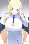  1girl absurdres ayumu_(blue_archive) between_breasts black_wings blonde_hair blue_archive blue_necktie blurry breasts cleavage cleavage_cutout clothing_cutout dress feathered_wings forehead forehead_jewel gloves gradient gradient_background green_eyes halo highres large_breasts long_hair looking_at_viewer necktie necktie_between_breasts onuj2$ parted_lips simple_background solo white_dress white_gloves wings 