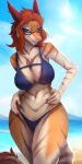  anthro beach bikini breasts clothing cloud eyewear female fur glasses hair hand_on_hip hi_res looking_at_viewer orange_hair outside sea seaside sergal sky solo standing striped_body striped_fur stripes swimwear tyn_(tyn-) veliren_rey water 