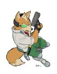  2022 action_pose anthro belt brown_body brown_fur canid canine clothing dipstick_tail elbow_tuft fingerless_gloves fox fox_mccloud fur gloves gun handwear hi_res inner_ear_fluff jacket looking_at_viewer male mammal markings nintendo open_mouth pose powree ranged_weapon solo star_fox tail_markings tan_body tan_fur topwear tuft video_games visor weapon 