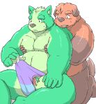  2022 anthro blush bodily_fluids brown_body canid canine canis clothing domestic_dog duo embrace erection genital_fluids genitals green_body hug hugging_from_behind kemono male male/male mammal misterdonn moob_grab overweight overweight_male penis precum sitting underwear 