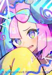  1girl @_@ aqua_hair artist_name bangs bare_shoulders bow-shaped_hair character_hair_ornament collarbone hair_ornament highres iono_(pokemon) jacket long_sleeves looking_at_viewer magnemite multicolored_eyes multicolored_hair naoto_(yandereheaven) open_mouth pink_eyes pink_hair pixiv_id pokemon pokemon_(game) pokemon_sv portrait signature sleeves_past_fingers sleeves_past_wrists smile solo split-color_hair twitter_username two-tone_hair wavy_mouth yellow_jacket 