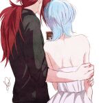  backless_dress backless_outfit bare_shoulders black_shirt blue_hair couple diluc_(genshin_impact) dress english_commentary eula_(genshin_impact) genshin_impact gr_00x hair_behind_ear hand_on_another&#039;s_arm hetero holding holding_photo long_hair low_ponytail medium_hair photo_(object) red_hair shirt simple_background white_background white_dress 