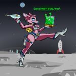  1_eye 2022 alien anthro aygee breasts chiropteran clothing digital_media_(artwork) duo english_text female footwear green_body gun high_heels holding_gun holding_object holding_weapon looking_at_viewer mammal moon nymph_(aygee) pink_body planet ranged_weapon smile space spacecraft star tentacles text vehicle walking weapon 