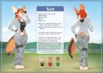  2016 anthro barefoot bottomwear breasts butt canid canine clothing day digital_media_(artwork) digitigrade english_text eyewear eyewear_on_head feet female fennec fox goggles goggles_on_head green_eyes hair hand_on_butt hand_on_hip littlenapoleon looking_up mammal model_sheet outside pants red_hair river samantha_wolf shirt smile solo tattoo text topwear water 