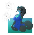  2022 anthro big_breasts black_body black_fur black_hair black_nose bleb blue_clothing blue_swimwear breasts camel_toe canid clothing corablue digital_media_(artwork) female fur green_body green_eyes green_fur hair hand_behind_head hi_res mammal navel one-piece_swimsuit open_mouth simple_background smile solo swimwear tongue tongue_out wide_hips 