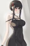  1girl absurdres bangs bare_arms bare_shoulders black_dress black_hair breasts byeon_dha cleavage commentary dress hairband highres large_breasts long_hair red_eyes red_hairband sidelocks solo spy_x_family upper_body yor_briar 
