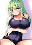  1girl alternate_costume blue_one-piece_swimsuit blush breast_hold breasts collarbone covered_navel frog_hair_ornament gradient gradient_background green_eyes green_hair hair_between_eyes hair_ornament hair_tubes kochiya_sanae large_breasts long_hair looking_at_viewer one-piece_swimsuit ryokushiki_(midori-ya) school_swimsuit sitting snake_hair_ornament swimsuit touhou white_background 