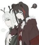  ... 2girls ? absurdres antlers arknights arm_on_shoulder bangs black_hair blue_eyes brown_jacket closed_mouth firewatch_(arknights) fur-trimmed_hood fur_trim green_eyes green_shirt grey_hair hair_between_eyes highres hood hood_down hooded_jacket jacket lihuashuangxiang long_hair multicolored_hair multiple_girls neckerchief ponytail red_hair red_neckerchief shirt simple_background spoken_ellipsis spoken_question_mark streaked_hair upper_body white_background white_shirt zima_(arknights) 