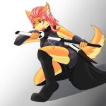  anthro attack black breasts camilla_queen canid canine canis clothing curvaceous curvy_figure dominant dominant_female dress female fox furryartwork hair hi_res hybrid invalid_tag knife mammal melee_weapon model ninja pose red_hair samurai solo stern suit sword voluptuous warrior weapon wolf 