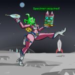  1_eye 2022 alien anthro aygee breasts chiropteran clothing digital_media_(artwork) duo english_text female footwear green_body gun head_swap high_heels holding_gun holding_object holding_weapon looking_at_viewer mammal moon nymph_(aygee) pink_body planet ranged_weapon smile space spacecraft star surprise tentacles text vehicle walking weapon 