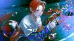  1boy commission ear_piercing earrings english_text front_ponytail highres holding jewelry lip_piercing long_sleeves male_focus necklace open_mouth original piercing ponponpananda red_eyes red_hair ring soap_bubbles tongue tongue_out toy_gun 