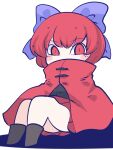  1girl black_footwear black_shirt blue_bow blush_stickers boots bow cloak fried_rice0614 hair_bow highres one-hour_drawing_challenge pleated_skirt red_cloak red_eyes red_hair red_skirt sekibanki shirt short_hair simple_background skirt solo touhou white_background 