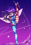  1girl :d american_flag_dress american_flag_legwear blonde_hair bright_pupils clownpiece enajii fairy_wings flag_print full_body gradient gradient_background hat jester_cap long_hair looking_at_viewer open_mouth pantyhose polka_dot_headwear purple_background purple_headwear red_eyes short_sleeves smile solo split standing standing_on_one_leg standing_split star_(symbol) star_print thighs touhou v-shaped_eyebrows white_pupils wings 