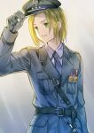  1boy axis_powers_hetalia belt black_belt blonde_hair collared_shirt dagger epaulettes gloves gradient gradient_background green_eyes grey_background grey_gloves grey_headwear grey_jacket grey_necktie hand_on_headwear hat jacket knife long_sleeves medal military military_hat military_uniform mocachan1990 necktie peaked_cap pocket poland poland_(hetalia) polish_army rogatywka shirt solo uniform weapon white_shirt 