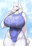  2022 anthro big_breasts blue_eyes blush boss_monster bovid breasts caprine chest_tuft clawed_fingers clothed clothing ear_tuft female floppy_ears fur hi_res hip_tuft horn huge_breasts lemonbizate_(artist) looking_at_viewer mammal mature_female navel_outline one-piece_swimsuit smile solo swimwear thick_thighs toriel tuft undertale undertale_(series) video_games white_body white_fur wide_hips 