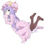  1girl ass crescent crescent_hat_ornament feet_up hat hat_ornament kt_kkz long_hair looking_at_viewer looking_back lying mob_cap on_stomach pantyhose patchouli_knowledge purple_eyes purple_hair simple_background solo touhou 