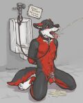  2016 ankle_cuffs anthro balls bdsm belly blush bodily_fluids bondage bound canid canine chastity_cage chastity_device chewycuticle collar cuff_(restraint) drinking drinking_urine ears_down exposed fur genital_fluids genitals hands_behind_back hi_res kneeling leash male mammal metal_chastity_cage navel nipples nude pecs penis pivoted_ears pubes red_balls red_body red_fur restraints sign solo submissive submissive_male tongue tongue_out urinal urine urine_in_mouth urine_pool watersports wrist_cuffs 