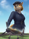  2014 aircraft airplane anthro belt blue_eyes brown_body brown_fur canid canine canis clothing cloud day digital_media_(artwork) domestic_dog female fur grass hair hat headgear headwear herding_dog littlenapoleon looking_up mammal military_uniform outside pastoral_dog plant propeller smile solo uniform welsh_corgi 