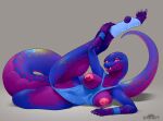  anthro blue_body blue_scales breasts exposed_breasts fangs female flexible hi_res long_tail looking_at_viewer lovepuma69 lying neuzu_(anzuneth) nipples on_side pink_eyes reptile scales scalie snake solo stretching 