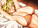  1girl armpits arms_up bikini blonde_hair blush breasts bug centipede huge_breasts koyubi_(littlefinger1988) looking_at_viewer lying multicolored_hair on_back parted_lips slit_pupils solo streaked_hair swimsuit toramaru_shou touhou yellow_eyes 
