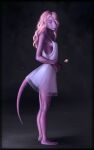  anthro artist_name blue_eyes clothed clothing dress female flower full-length_portrait glistening glistening_eyes hair hi_res himeragoldtail holding_flower holding_object looking_at_viewer messy_hair mouth_closed pink_hair plant portrait purple_body purple_scales scales scalie side_view simple_background solo standing wavy_hair white_clothing white_dress 