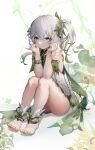  1girl absurdres armlet bare_shoulders blush closed_mouth detached_sleeves dress elbows_on_knees full_body genshin_impact gradient_hair green_dress green_eyes green_hair green_sleeves grey_hair hair_ornament highres leaf_hair_ornament long_hair looking_at_viewer megu_(pixiv9460065) multicolored_hair nahida_(genshin_impact) pointy_ears side_ponytail simple_background sitting sleeveless sleeveless_dress smile solo stirrup_footwear symbol-shaped_pupils toeless_footwear toes two-tone_dress white_dress white_footwear 