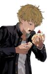  1boy black_jacket blonde_hair cake cake_slice chainsaw_man denji_(chainsaw_man) food food_on_face fruit gakuran highres holding holding_food jacket looking_at_food looking_down messy open_clothes open_mouth school_uniform shinamoku00 shirt short_hair simple_background solo spiked_hair strawberry strawberry_shortcake white_background white_shirt 