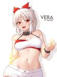  1girl :d absurdres artist_name bandeau bangs bare_arms bare_shoulders black_choker choker highres long_hair looking_at_viewer midriff navel open_mouth original ponytail red_eyes short_shorts shorts smile solo stomach van.elv white_shorts 