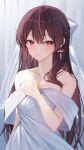  1girl bangs bare_shoulders blush breasts brown_hair cleavage collarbone curtains dress earrings gnns hair_over_shoulder highres jewelry looking_at_viewer medium_breasts open_mouth original red_eyes shiny shiny_hair smile solo standing teeth white_background white_dress white_veil 