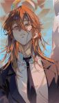  1boy angel_devil_(chainsaw_man) black_jacket black_necktie chainsaw_man collared_shirt formal from_below hair_between_eyes halo highres jacket long_hair looking_at_viewer messy_hair necktie orange_eyes orange_hair shirt solo suit white_shirt white_wings wings xiaojiaju 