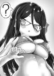  1girl ? absurdres ao_daidai_ki arm_at_side assault_lily bangs bare_arms bare_shoulders bikini blush breasts chestnut_mouth cleavage commentary fingernails from_below glasses gradient gradient_background grey_background greyscale hair_between_eyes halftone hand_up highres large_breasts long_hair looking_at_viewer looking_down mashima_moyu monochrome parted_lips solo speech_bubble spoken_question_mark swimsuit underboob upper_body 