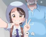  1boy 1girl age_difference blue_necktie blue_shirt braid brown_eyes brown_hair bubukka clenched_teeth hat juliana_(pokemon) looking_at_viewer necktie pokemon pokemon_(game) pokemon_sv selfie shirt single_braid smile teeth v white_headwear white_shirt 