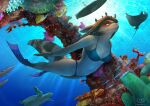  2016 anthozoan anthro antlers bikini bikini_bottom bikini_top breasts brown_body brown_fur brown_hair clothing cnidarian coral coral_reef detailed_background digital_media_(artwork) facial_markings female flippers fur green_eyes hair head_markings horn hybrid littlenapoleon low-angle_view marine markings mask_(marking) mits_(character) navel ship smile solo striped_markings striped_tail stripes swimming swimwear tail_markings underwater vehicle water watercraft 