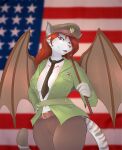  2016 anthro breasts clothing digital_media_(artwork) felid female fur hair hat headgear headwear hi_res holding_object littlenapoleon looking_at_viewer mammal membrane_(anatomy) membranous_wings military_uniform navel necktie pantherine red_hair sedire_(deiser) smile solo stars_and_stripes tiger uniform united_states_of_america white_body white_fur wings 