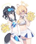  2girls absurdres ahoge animal_ears bangs bare_shoulders black-framed_eyewear black_hair blonde_hair blue_archive blush breasts cleavage cowboy_shot crop_top detached_collar dog_ears dog_girl dog_tail glasses goyain grey_eyes halo hibiki_(blue_archive) hibiki_(cheerleader)_(blue_archive) highres holding holding_pom_poms kotori_(blue_archive) kotori_(cheerleader)_(blue_archive) long_hair looking_at_viewer looking_to_the_side low_twintails medium_breasts midriff miniskirt multiple_girls navel open_mouth pom_pom_(cheerleading) ponytail red_eyes semi-rimless_eyewear skirt small_breasts tail twintails white_background white_skirt 