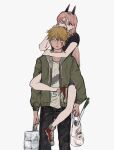  1boy 1girl arm_around_neck bag biting black_shirt bleeding_from_forehead blonde_hair blood blood_on_face carrying chainsaw_man cross-shaped_pupils denji_(chainsaw_man) fang food green_hoodie grocery_bag hair_between_eyes highres holding holding_bag hood hoodie long_hair looking_at_another looking_to_the_side piggyback pink_hair power_(chainsaw_man) shinamoku00 shirt shopping_bag short_hair simple_background vegetable white_background white_shirt 
