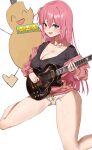  1girl absurdres bare_legs black_shirt blush bocchi_the_rock! breast_lift breasts cleavage electric_guitar emoji feipin_zhanshi gotou_hitori green_eyes guitar hair_between_eyes highres instrument jacket large_breasts long_hair looking_at_viewer open_mouth panties pink_hair pink_jacket shirt simple_background sitting smile solo_focus speech_bubble spoken_emoji sweat thighs track_jacket underwear v-neck wariza white_background 