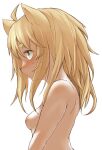  1girl ahoge animal_ears blonde_hair blush breasts cat_ears from_side green_eyes hawthorn highres nipples no_bra open_mouth original shiny shiny_hair simple_background small_breasts solo upper_body whiskers white_background 