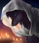  2012 anthro black_hair blue_eyes bodily_fluids candle canid canine canis crying digital_media_(artwork) female fur hair hood littlenapoleon looking_up mammal sad solo tears wolf 