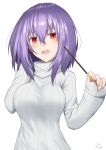  1girl :d alternate_costume breasts casual food gnlo hair_between_eyes highres large_breasts long_sleeves looking_at_viewer nagae_iku no_headwear open_mouth pocky purple_hair red_eyes ribbed_sweater short_hair simple_background smile solo sweater touhou upper_body white_background white_sweater 