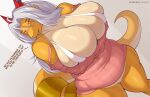  aisyah_zaskia_harnny anthro arm_under_breasts big_breasts bodily_fluids breasts clothing dialogue dragon female grey_hair hair harnny huge_breasts mature_female panties solo sweat sweater sweaty_breasts thick_thighs topwear underwear yellow_body 