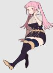  1girl ascot belt black_footwear black_thighhighs blush boots buttons do_m_kaeru fire_emblem fire_emblem:_three_houses full_body garreg_mach_monastery_uniform grey_background hilda_valentine_goneril invisible_chair long_hair looking_at_viewer pink_eyes pink_hair simple_background sitting sleeves_rolled_up solo thighhighs thighs twintails uniform white_ascot yellow_belt 