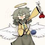  angel angel_wings arrow_(projectile) blood blood_on_weapon blood_splatter blood_stain blush bow_(weapon) buttons closed_eyes diamond_(shape) diamond_button fang fang_out feathers green_hair green_skirt halo heart highres holding holding_bow_(weapon) holding_weapon komeiji_koishi long_sleeves medium_hair shirt simple_background skirt sleeves_past_wrists smile stab third_eye touhou weapon white_feathers white_wings wings yellow_shirt zunusama 