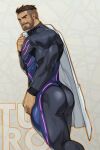  1boy artist_name ass back bara beard black_bodysuit bodysuit closed_mouth clothes_removed facial_hair jimsdaydreams labcoat large_pectorals looking_at_viewer male_focus manly muscular muscular_male orange_background pectorals pokemon pokemon_(game) pokemon_sv purple_bodysuit short_hair simple_background solo thick_thighs thighs turo_(pokemon) two-tone_bodysuit undercut 