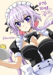  1girl 2022 ahoge apron artist_self-insert blush breasts cleavage dated hair_between_eyes hair_ornament hair_scrunchie highres holding holding_plate kanna_(plum) large_breasts light_purple_hair long_hair looking_at_viewer low_twintails maid maid_apron maid_headdress numbered painttool_sai_(medium) plate purple_eyes purple_hair scrunchie senki_zesshou_symphogear shiny shiny_hair signature simple_background solo twintails twitter_username yukine_chris 