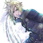  1boy aqua_eyes armor black_gloves black_shirt blonde_hair clenched_teeth cloud_strife final_fantasy final_fantasy_vii final_fantasy_vii_advent_children fusion_swords gloves high_collar highres holding holding_sword holding_weapon looking_at_viewer male_focus outdoors shirt short_hair shoulder_armor single_sleeve sleeveless sleeveless_shirt snow solo spiked_hair sword teeth twitter_username waist_cape warori_anne weapon 
