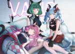  3girls absurdres animal_ears bangs blue_hair blunt_bangs bow braid breasts cat_ears cat_girl cat_tail eyepatch green_hair hair_bow hair_ornament highres long_hair looking_at_viewer lying multiple_girls myu_(valis) nanaponi navel neffy_(valis) official_art on_back pink_eyes pink_hair red_eyes shinsekai_keikaku_sinsekai_city_project short_hair sitting skirt tail twin_braids valis_(sinsekai) virtual_youtuber vitte_(valis) 