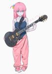  1girl bandaid bandaid_on_arm bangs bare_shoulders barefoot blue_eyes blue_one-piece_swimsuit bocchi_the_rock! copyright_name crossed_bangs electric_guitar feet full_body gotou_hitori guitar hair_between_eyes hair_cubes hair_ornament hair_over_eyes highres holding holding_instrument instrument long_hair looking_at_viewer one-piece_swimsuit one_side_up pants pink_hair pink_pants ryuuforkaf school_swimsuit simple_background standing sweatdrop sweatpants swimsuit toes white_background 